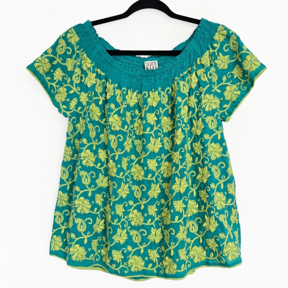 Sister Mary Embroidered Floral Teal Green Boho Top